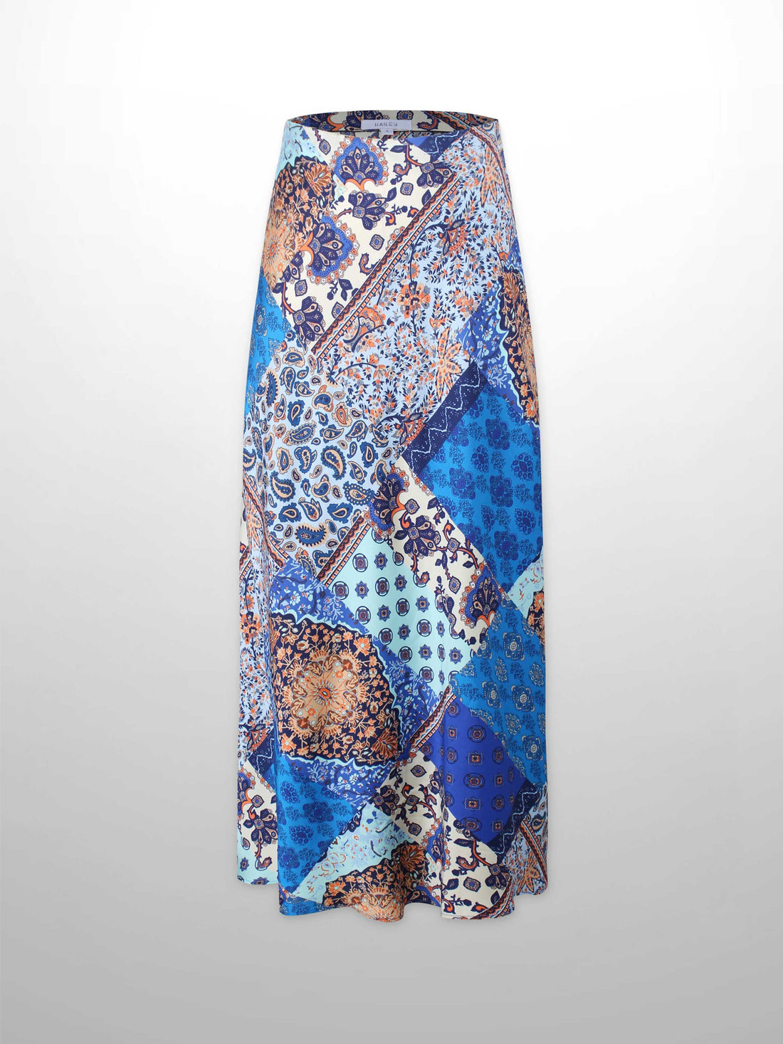 Printed Faux Satin Slip Skirt-Blue Bandana