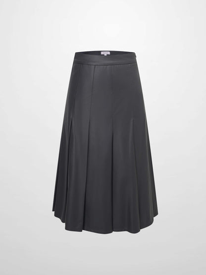 Faux Leather Stitch Down Pleated Skirt-Grey