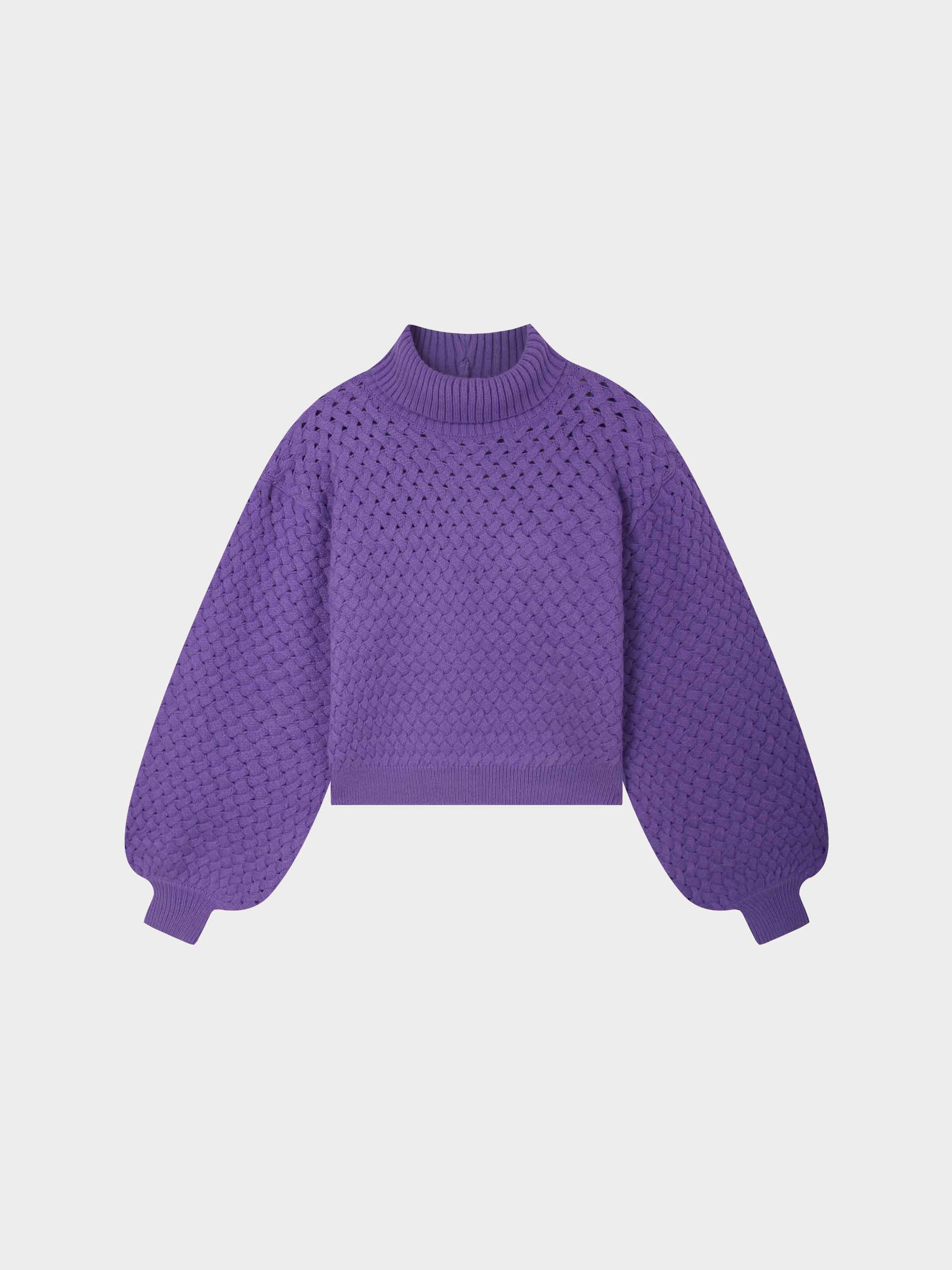 Basketweave Turtleneck Sweater-Purple