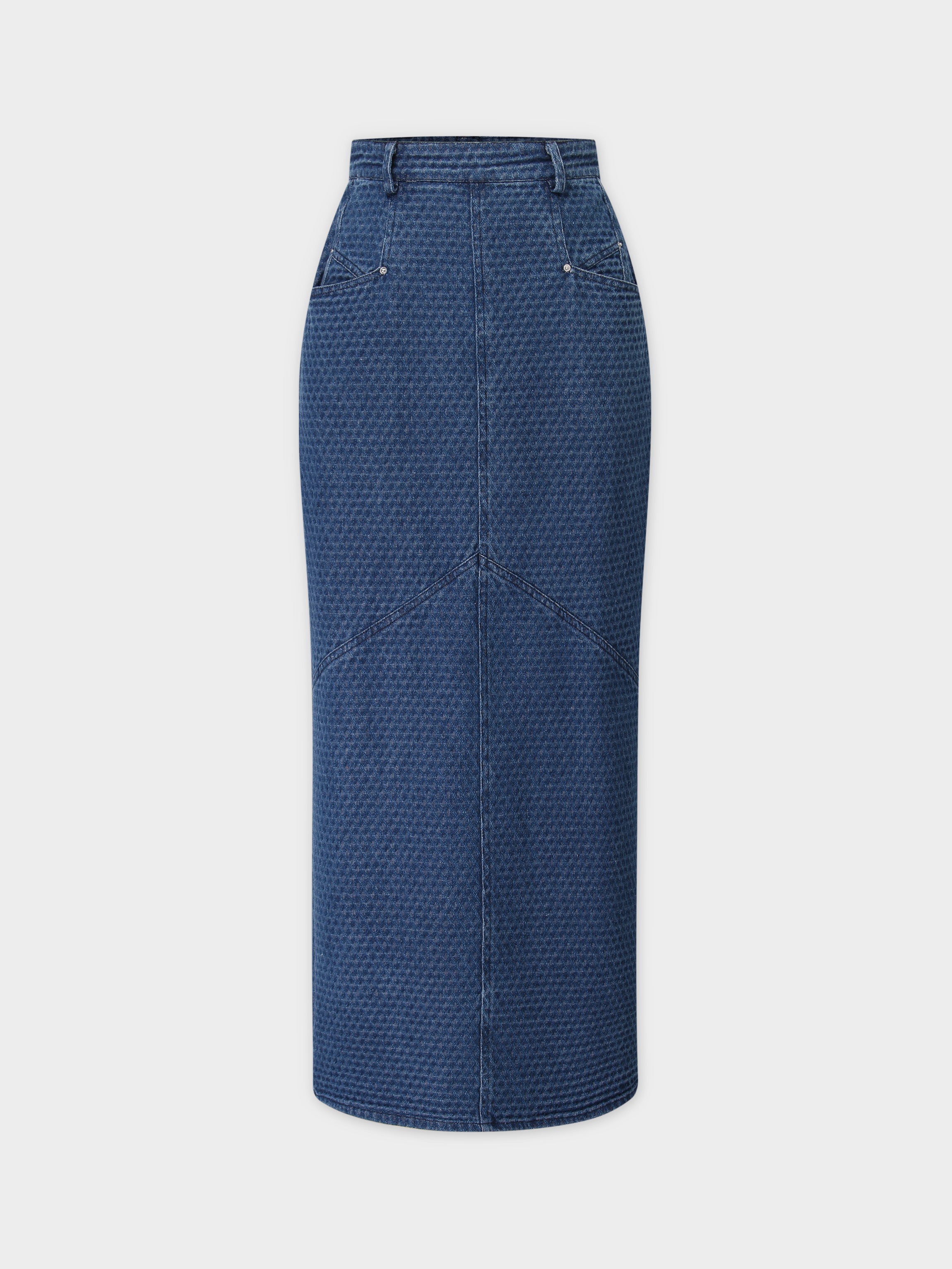 Back Pleat Denim Skirt-Textured Blue