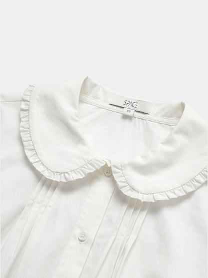 Ruffle Collar Pintuck Pleat Blouse-White
