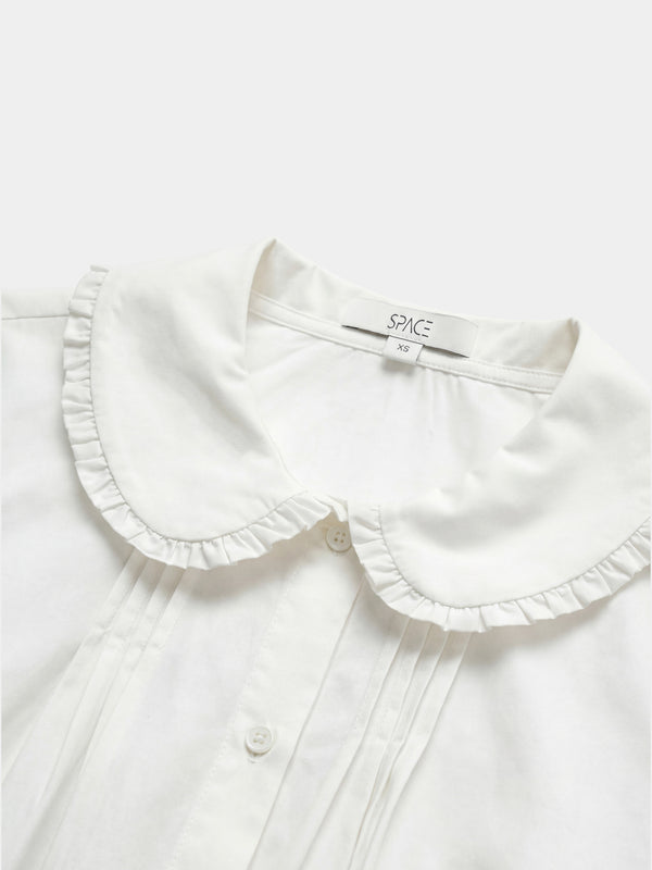 Ruffle Collar Pintuck Pleat Blouse-White