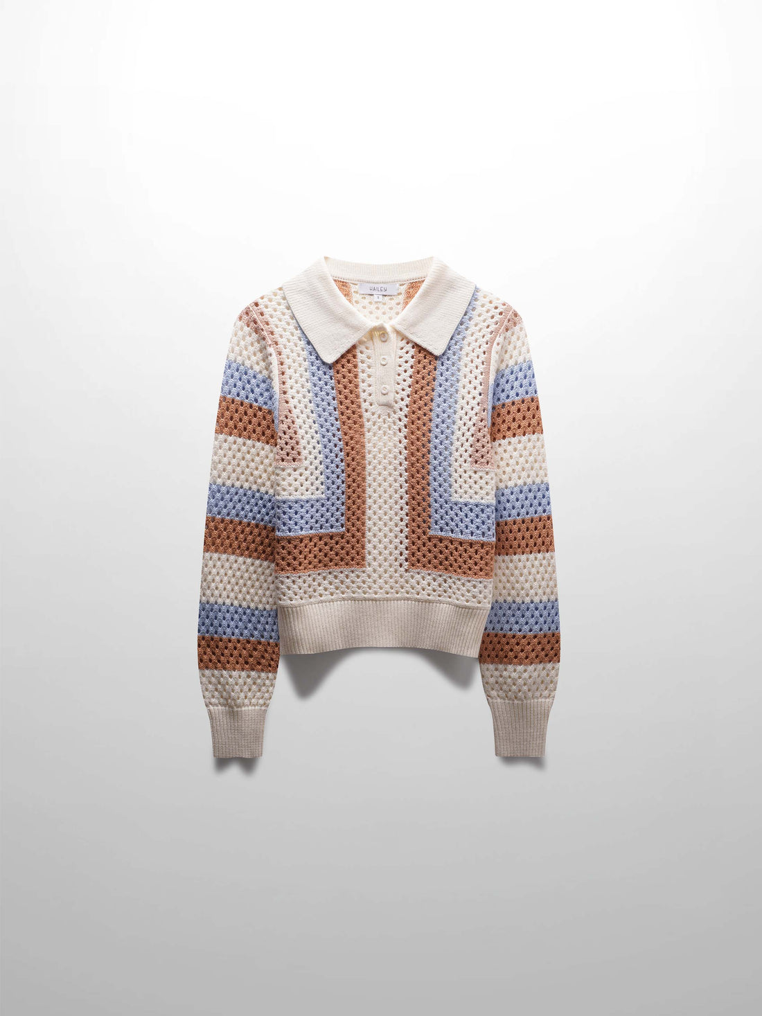 Mesh Striped Polo Sweater-Tan/Blue