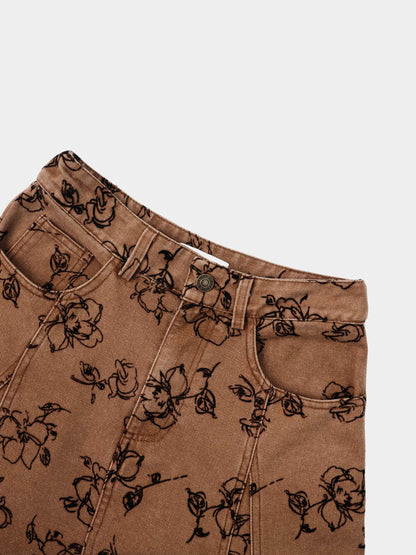 Printed Denim Flare Skirt - Brown/Black Floral
