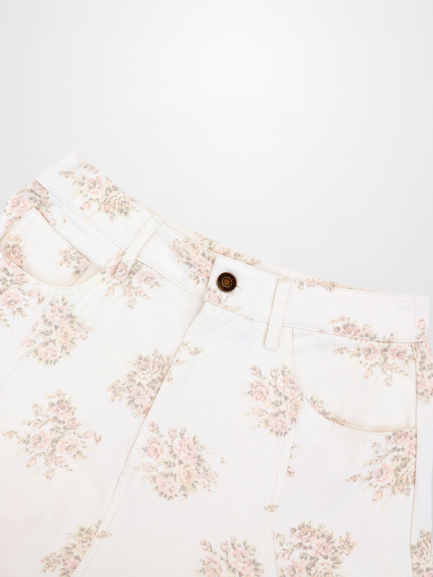 Floral Print Seamed Denim Skirt-White and Pink Floral