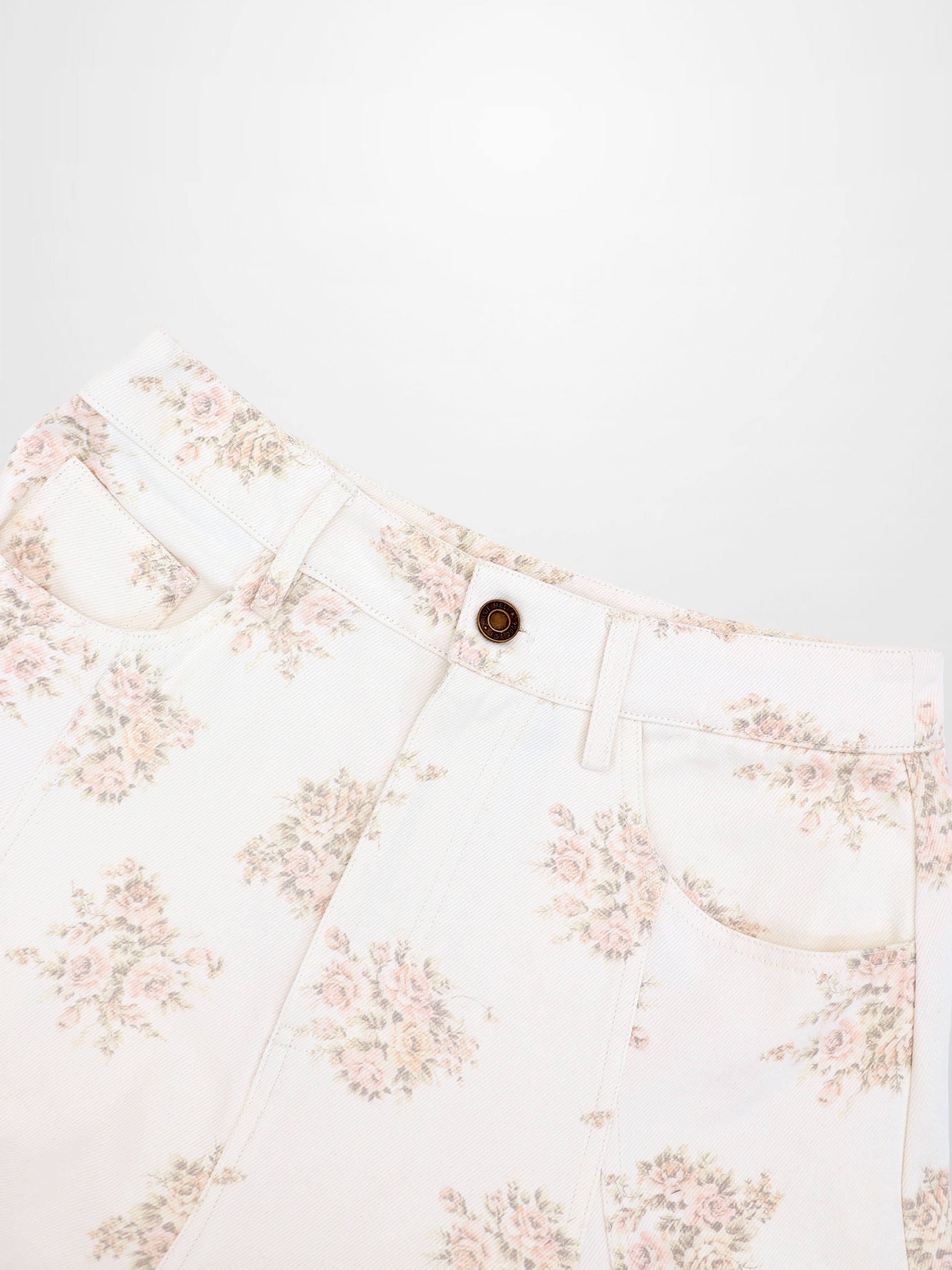 Floral Print Seamed Denim Skirt-White and Pink Floral