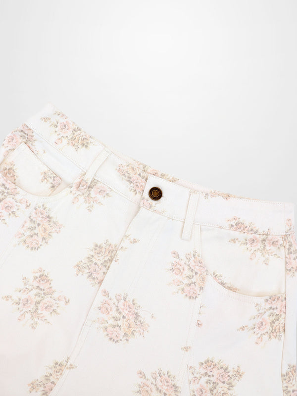 Floral Print Seamed Denim Skirt-White and Pink Floral