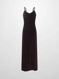 V-Neck Velour Slip Dress-Brown