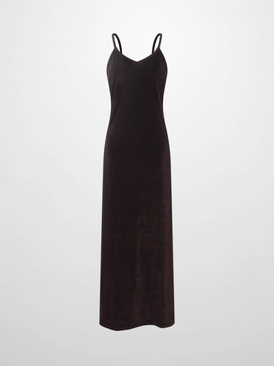 V-Neck Velour Slip Dress-Brown