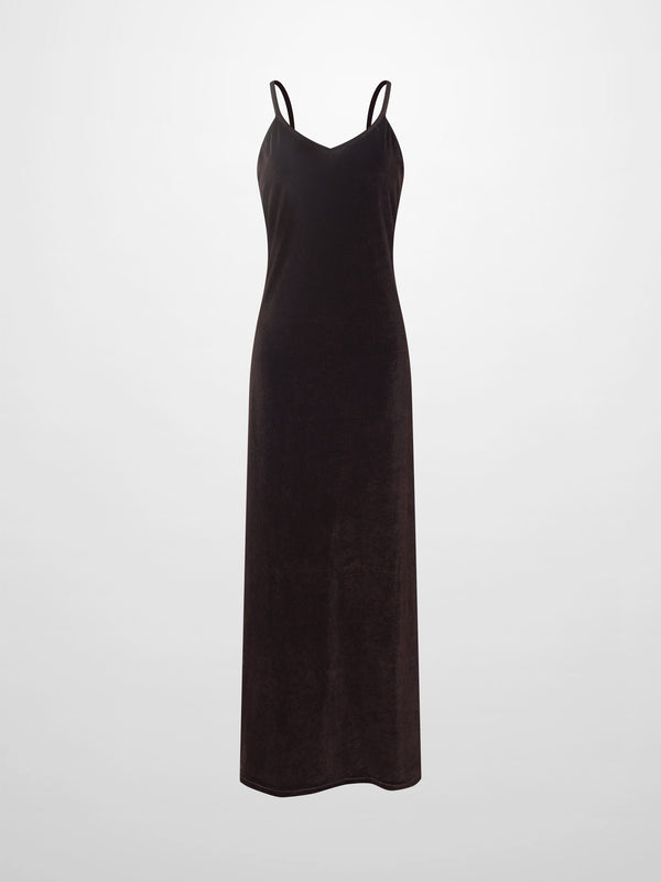 V-Neck Velour Slip Dress-Brown