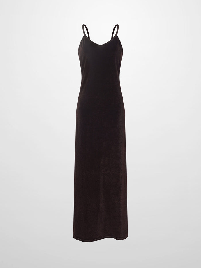 V-Neck Velour Slip Dress-Brown