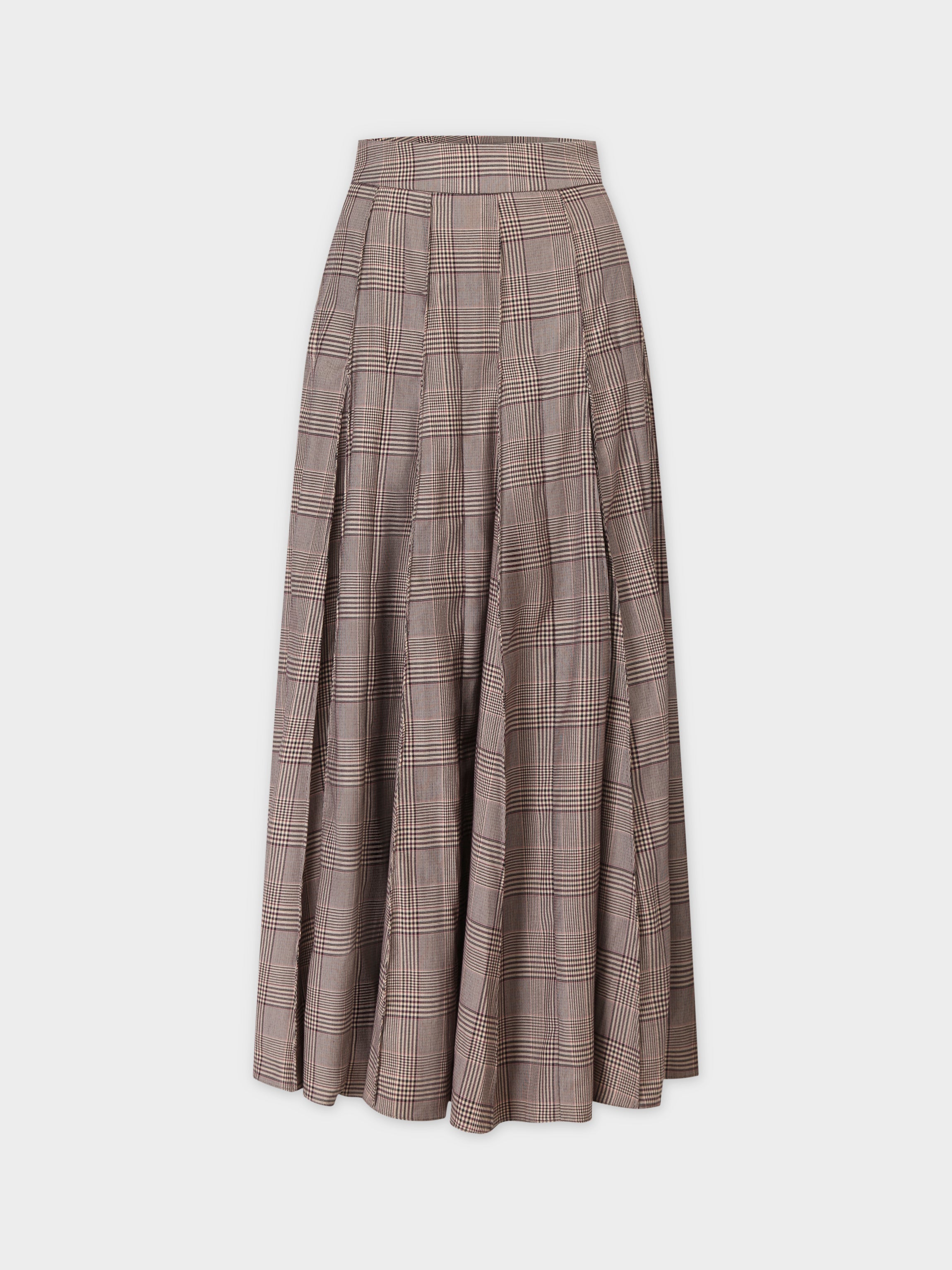 Top Stitched Pleated Skirt-Brown Plaid