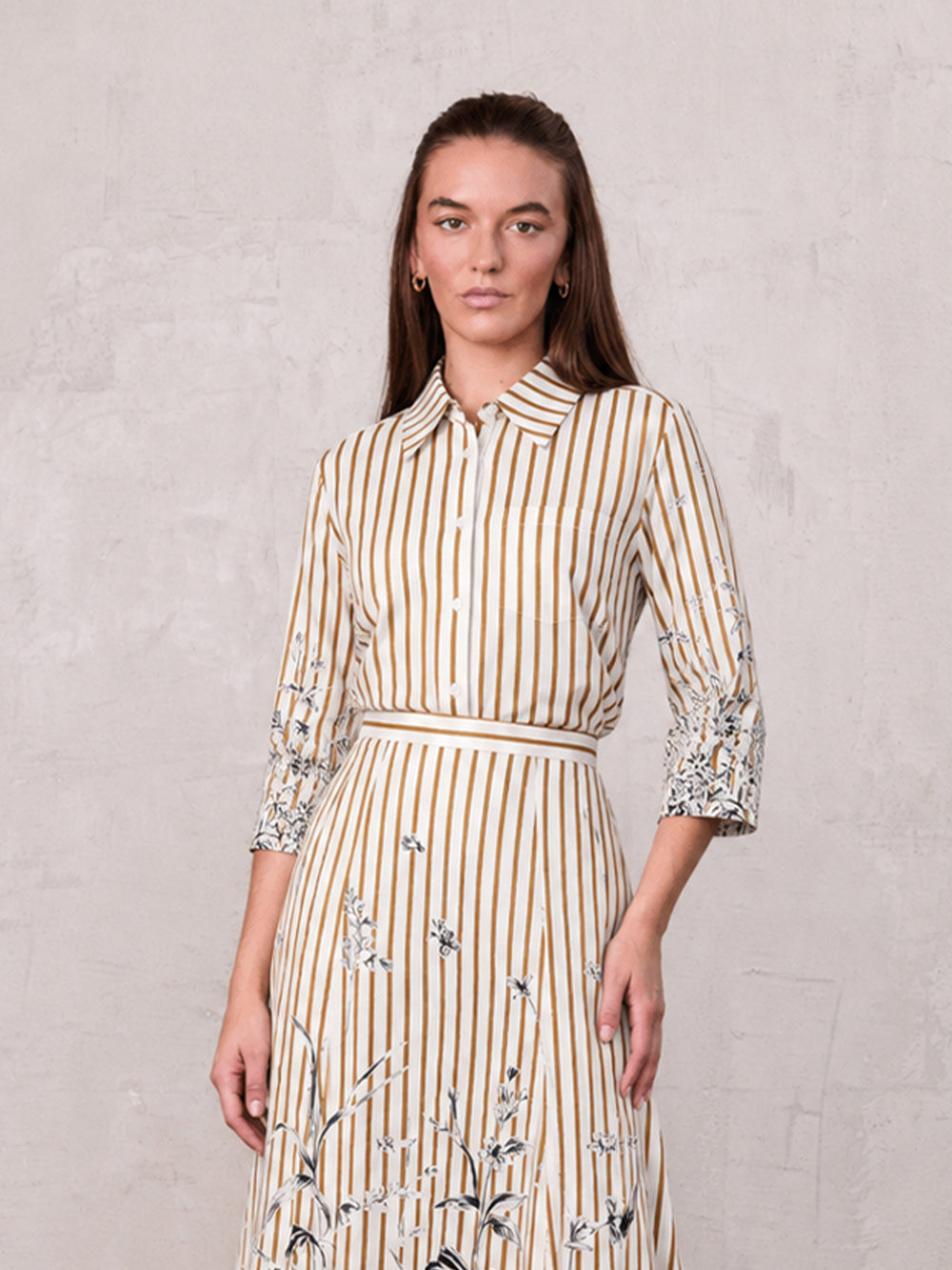 3/4 Sleeve Printed Blouse-Cream/Brown Stripe