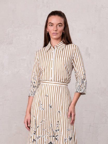 3/4 Sleeve Printed Blouse-Cream/Brown Stripe