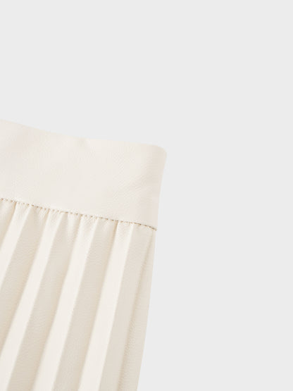 Accordion Pleated Faux Leather Skirt-Ivory