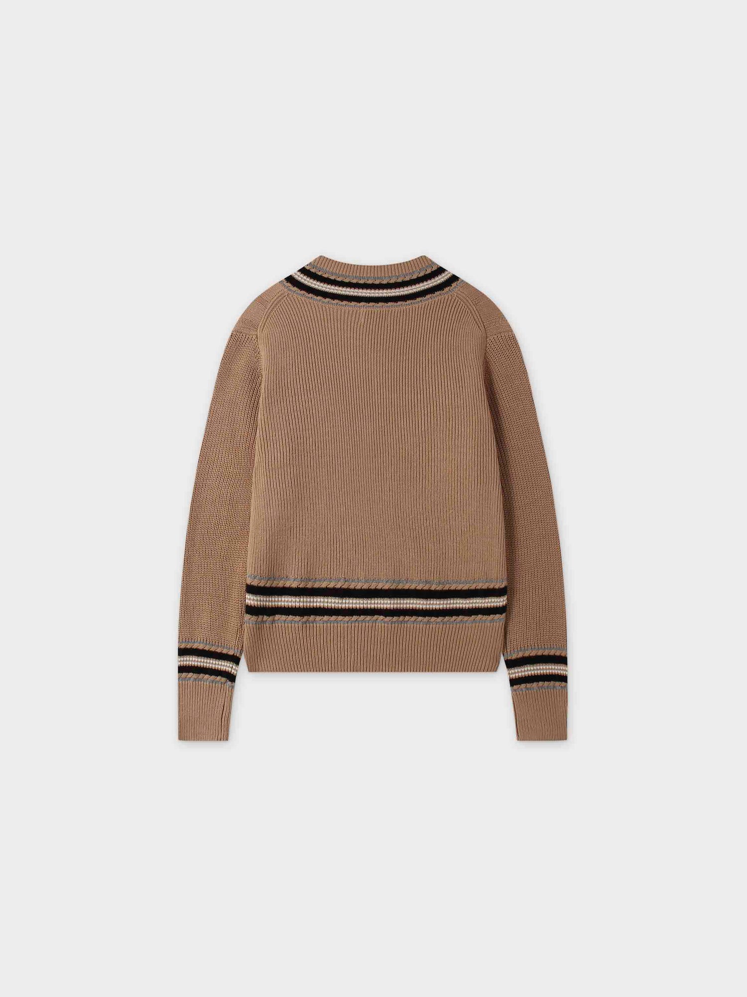 V-Neck Cable Sweater-Tan/Grey