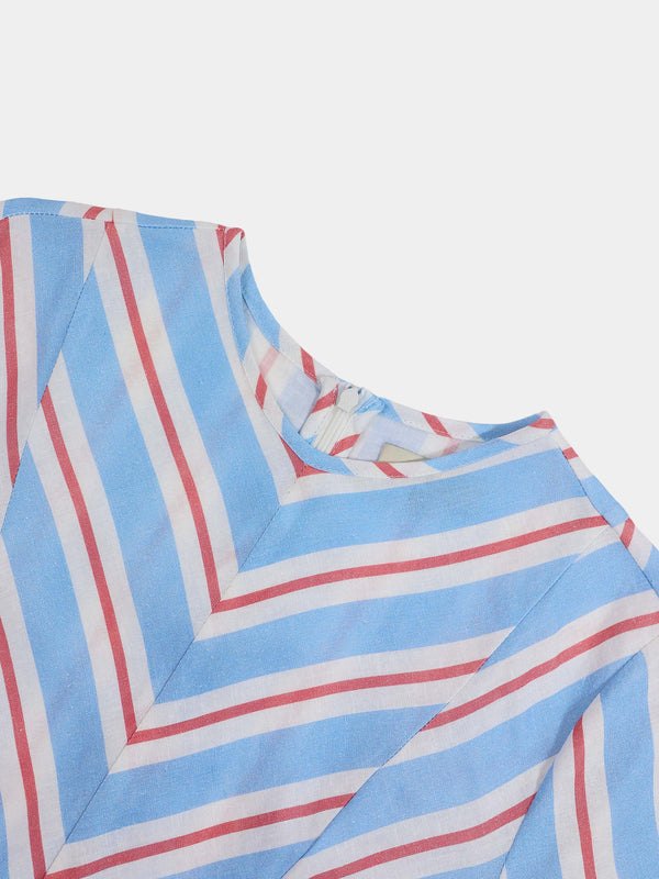 Striped Flare Sleeve Dress-Light Blue/White