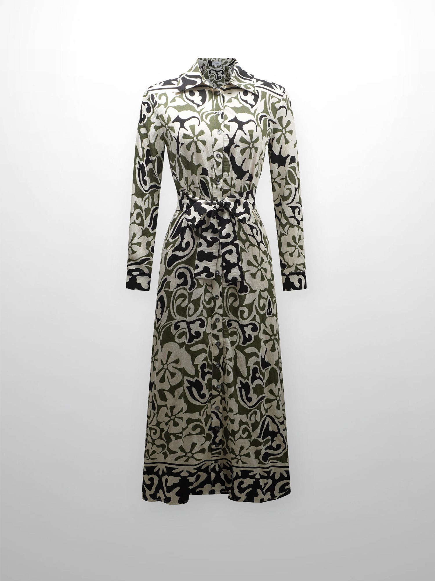 Long Button Down Shirtdress-Olive/Black Floral