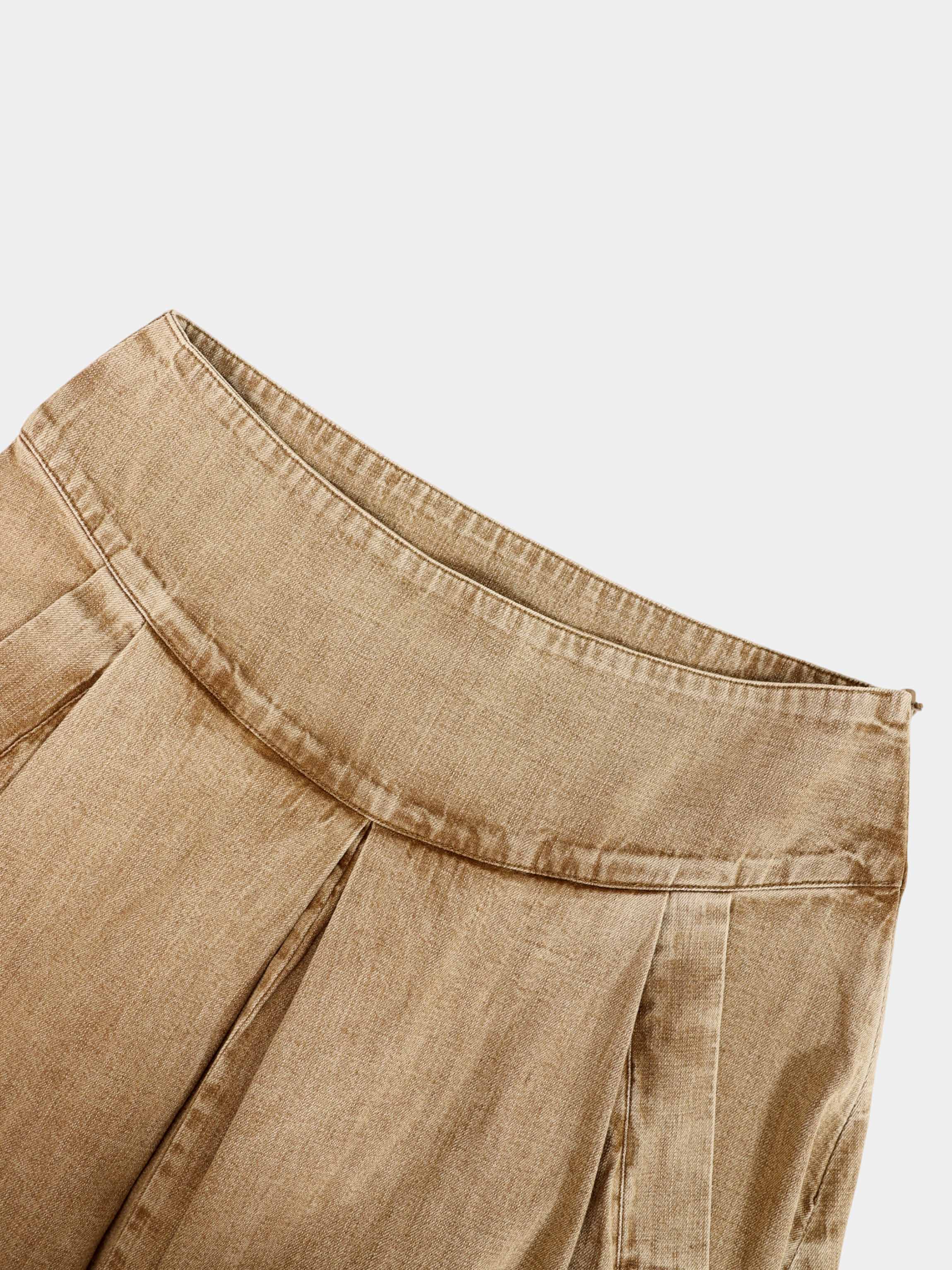 Inverted Yoke Pleat Denim Skirt-Light Tan