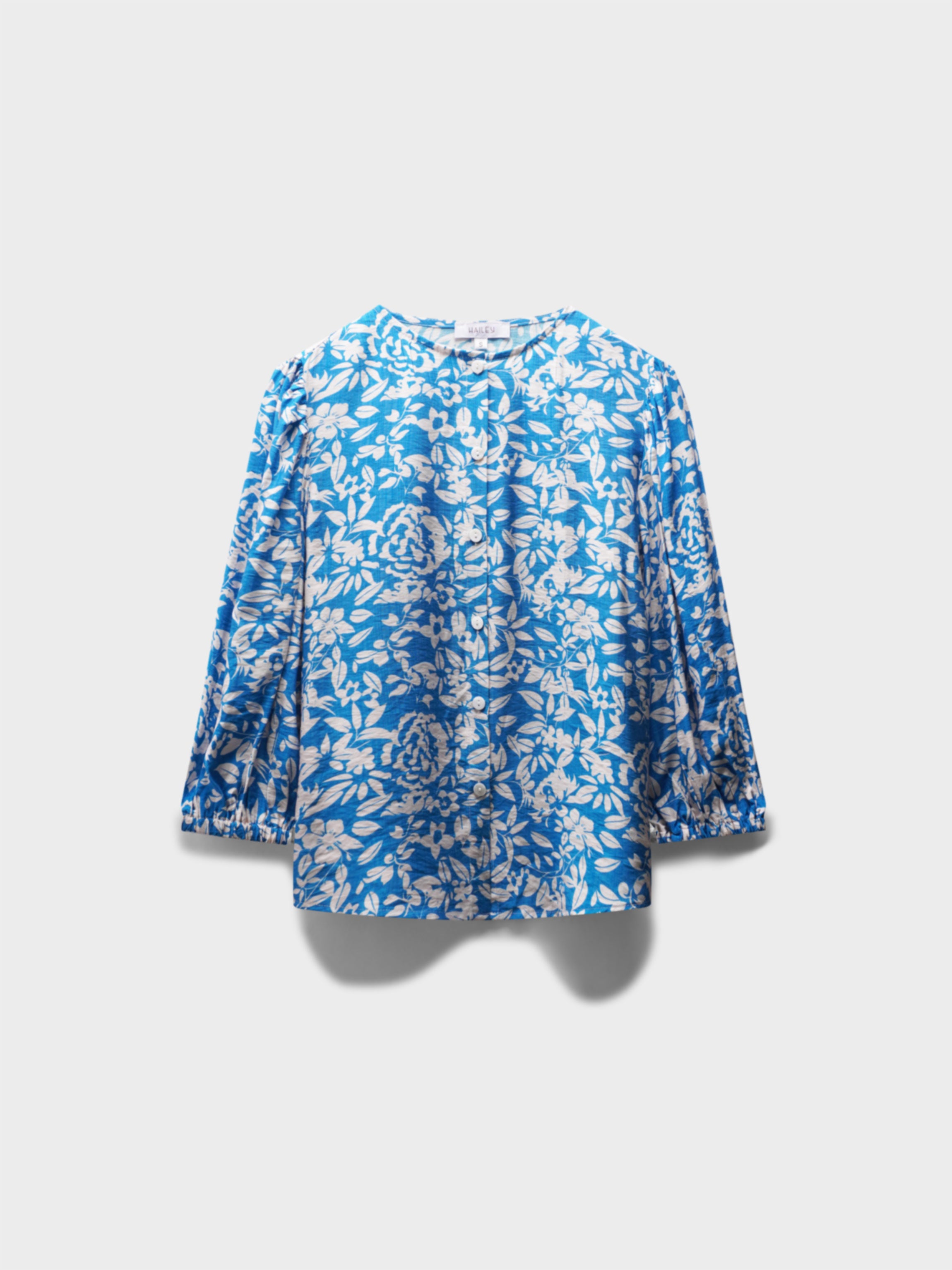 Puff Sleeve Button Down Blouse-Cobalt Blue Floral