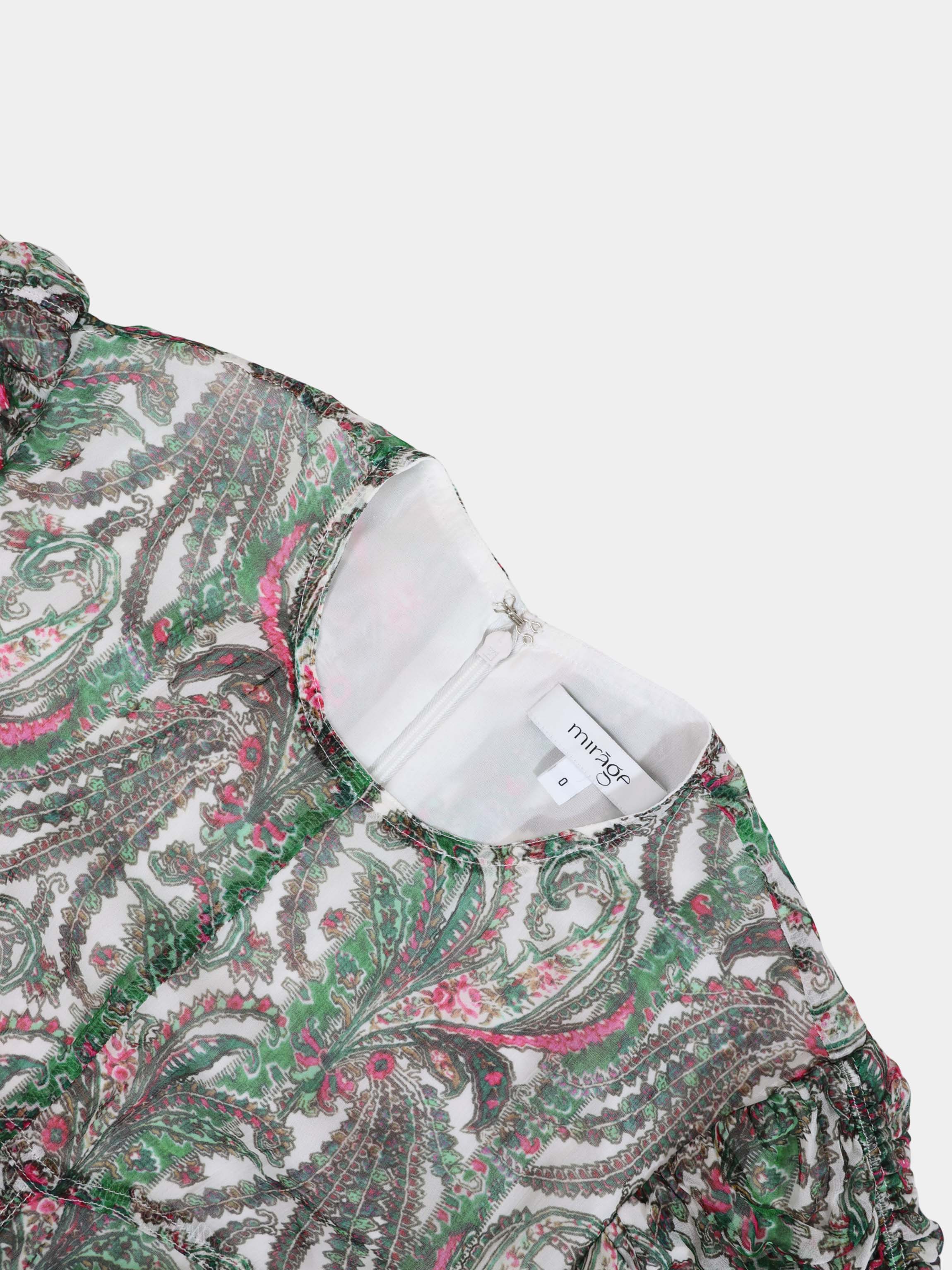 Shirred Sleeve Dress-Green Paisley