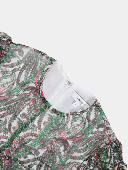 Shirred Sleeve Dress-Green Paisley