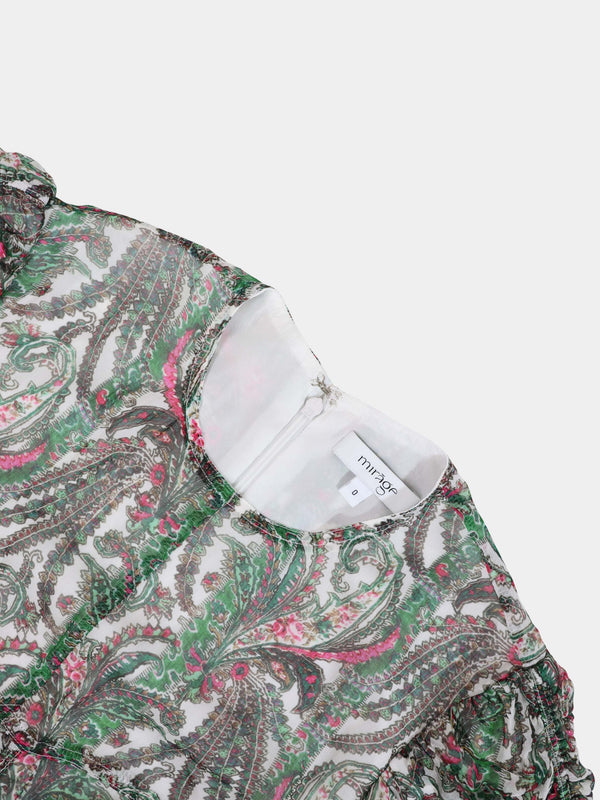 Shirred Sleeve Dress-Green Paisley