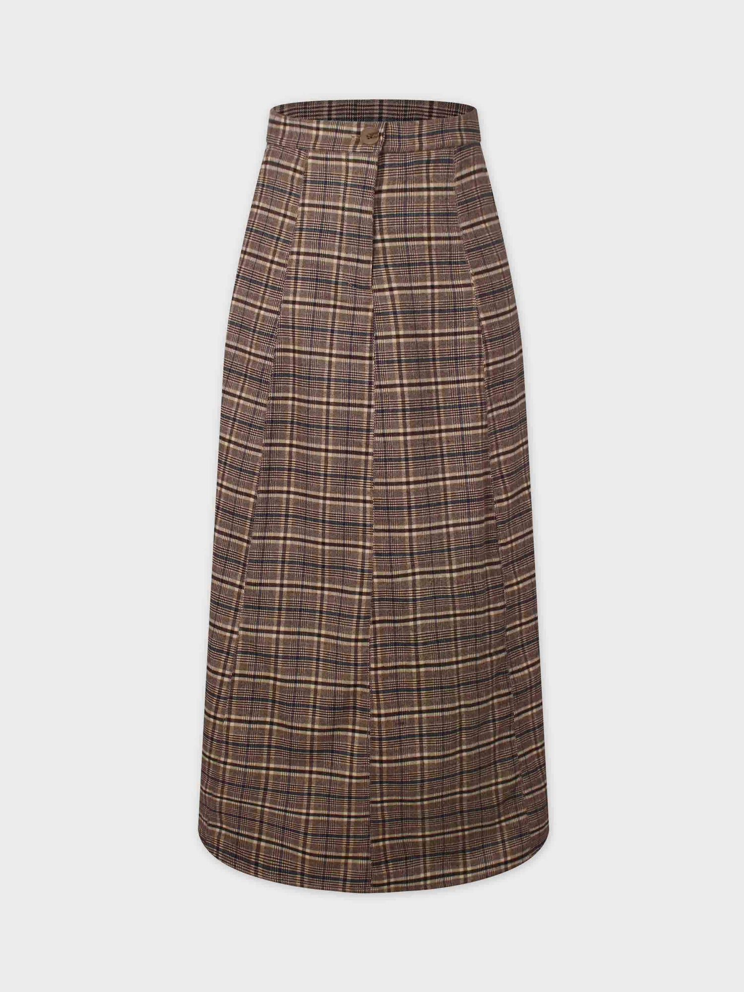 Button Front A-Line Skirt-Brown Plaid