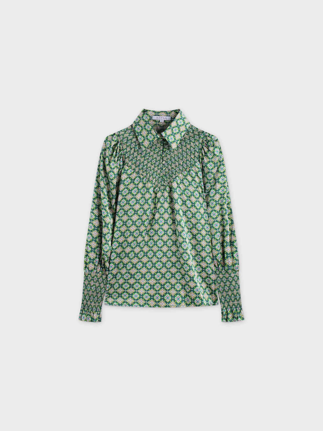 SMOCKED BLOUSE-GEOMETRIC MEDALLION GREEN