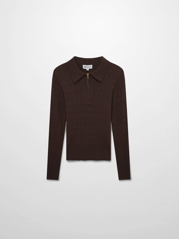 Leather Pull Half Zip Cable Polo-Brown