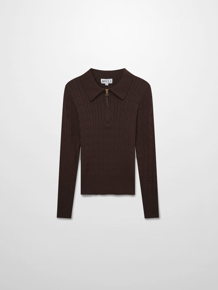 Leather Pull Half Zip Cable Polo-Brown