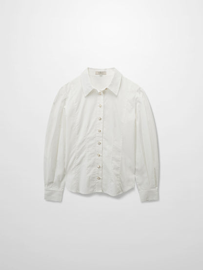 Princess Cut Puff Sleeve Cotton Blouse-White