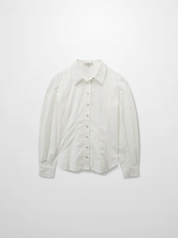 Princess Cut Puff Sleeve Cotton Blouse-White