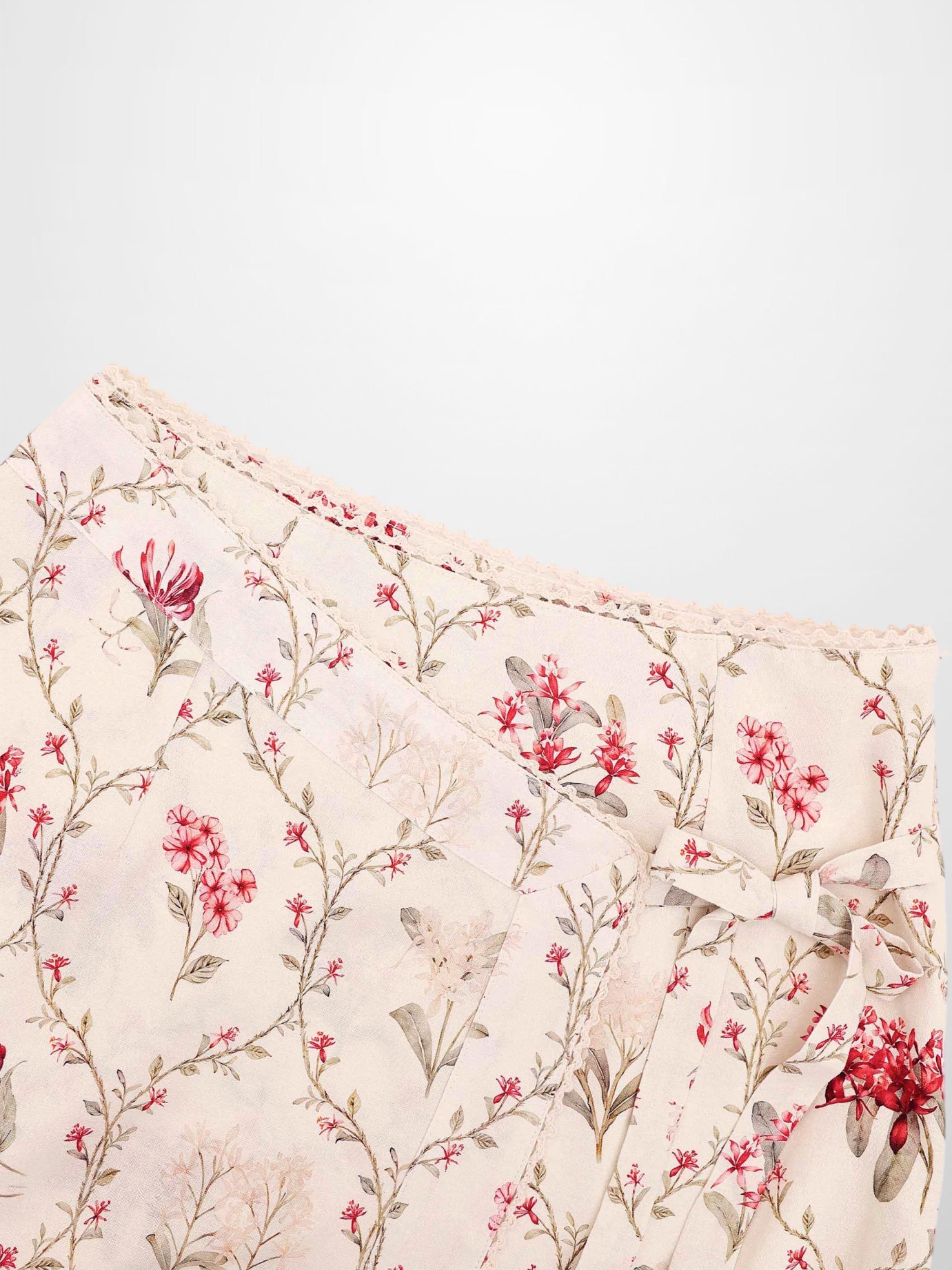 Mock Wrap Edged Detail Skirt-Floral Vines