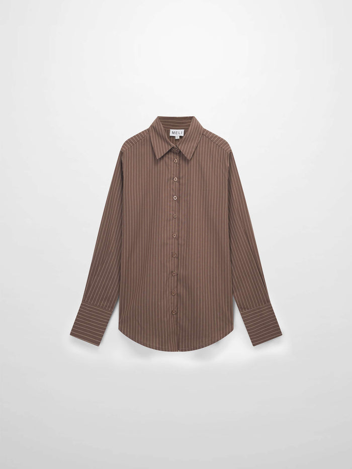 Striped Cotton Blouse-Brown Thin Stripe
