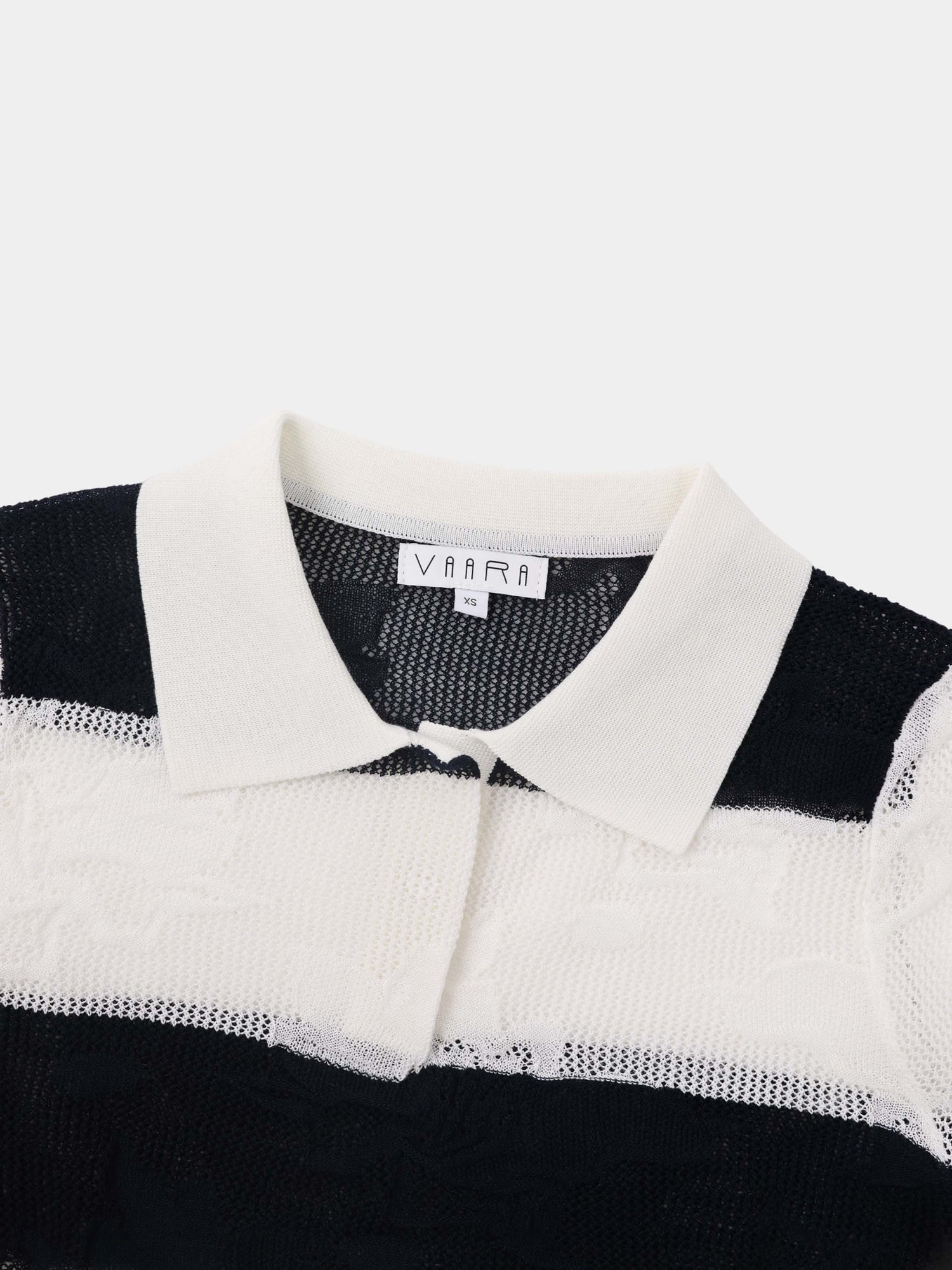 Mesh Floral Polo Top-Black/White Stripe