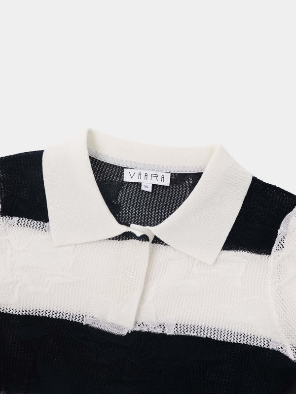 Mesh Floral Polo Top-Black/White Stripe
