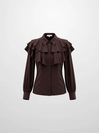 Double Ruffle Faux Satin Blouse - Wine