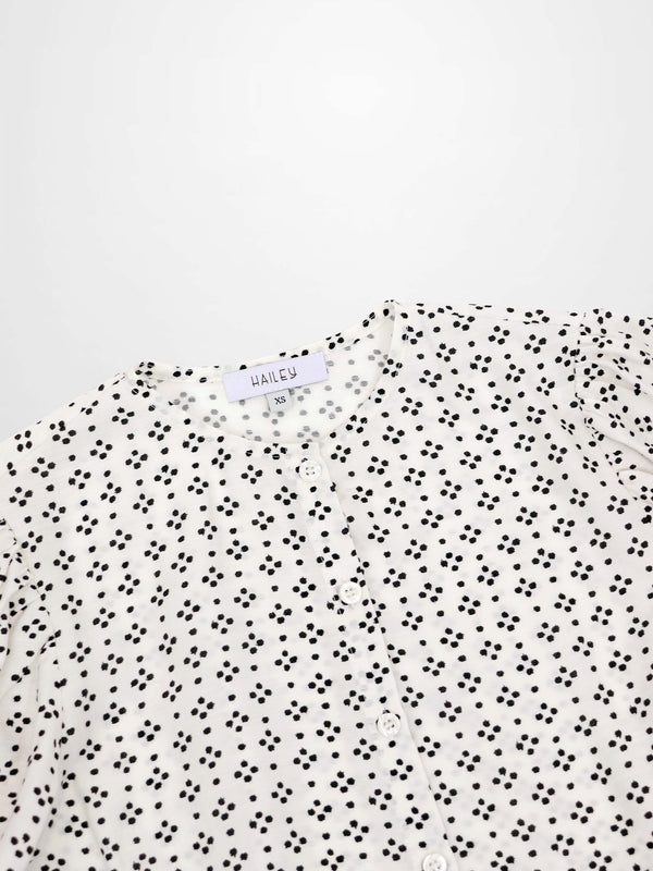 Puff Sleeve Button Down Blouse-Black/White Polka Dot