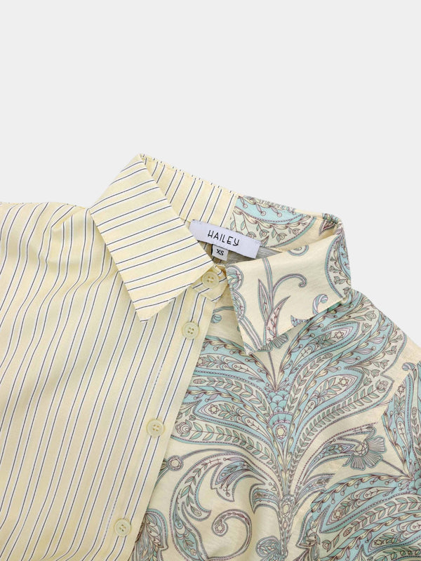 Elastic Waist Shirtdress-Mixed Floral and Stripe