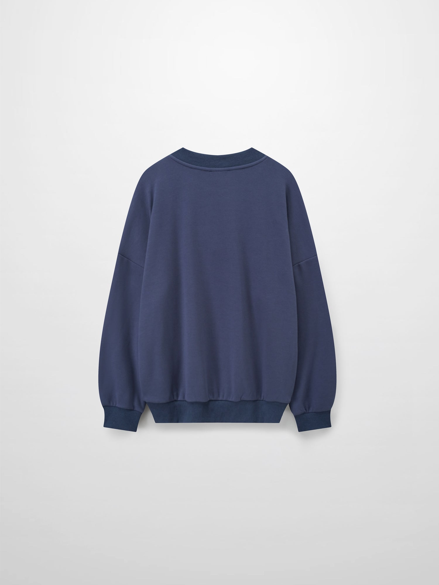 A full, back view of the dusty-blue sweatshirt. The image shows the plain back of the garment, along with its ribbed collar, cuffs, and bottom hem.