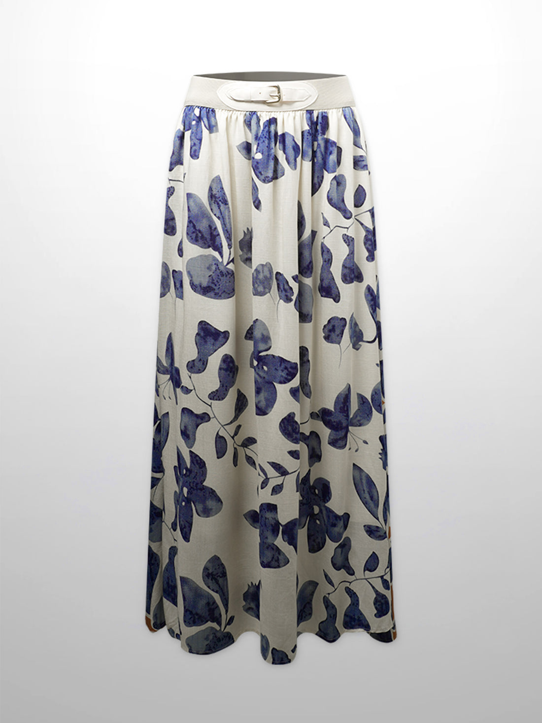 Leather Buckle Skirt-Blue Floral