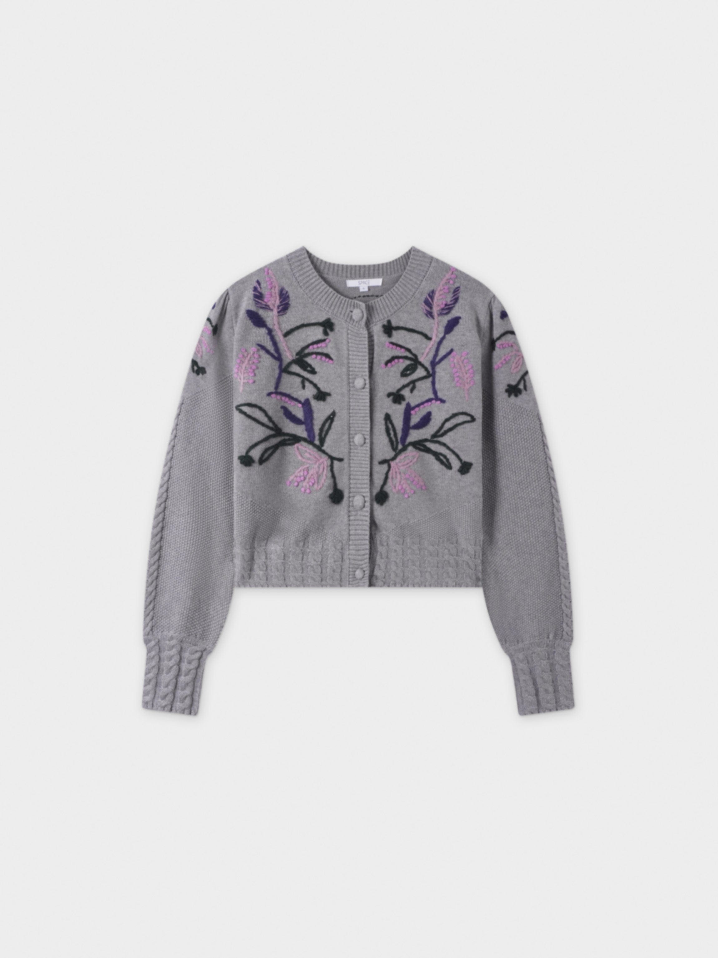 Embroidered Cropped Cardigan-Grey/Lavender