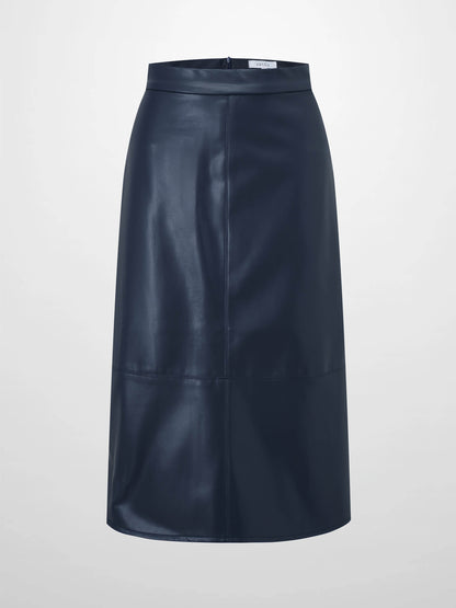 Short A-Line Seamed Faux Leather Skirt-Navy