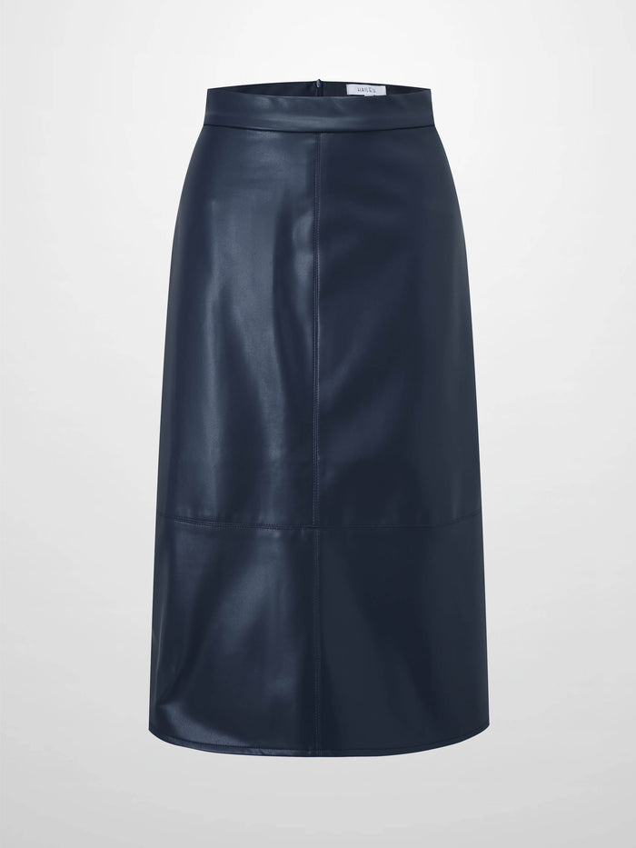 Short A-Line Seamed Faux Leather Skirt-Navy