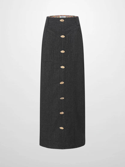 Button Design Denim Skirt-Black