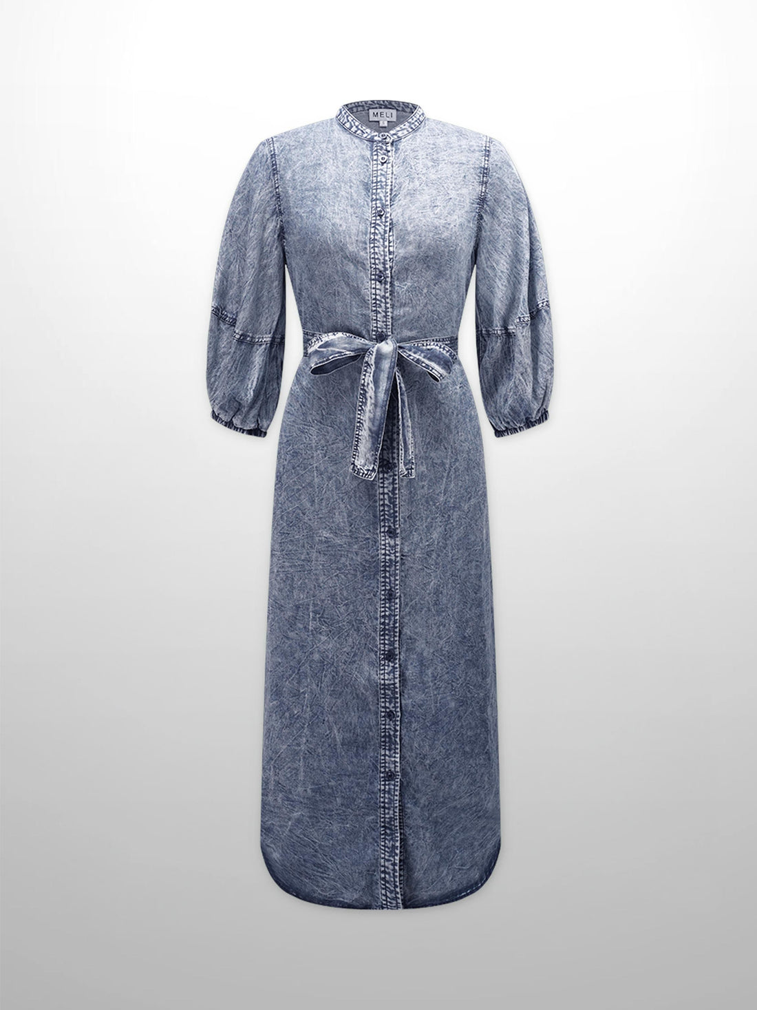 Puff Sleeve Denim Shirtdress-Blue Wash