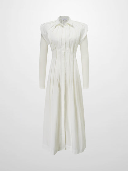 Pleat Front Button Down Dress-White
