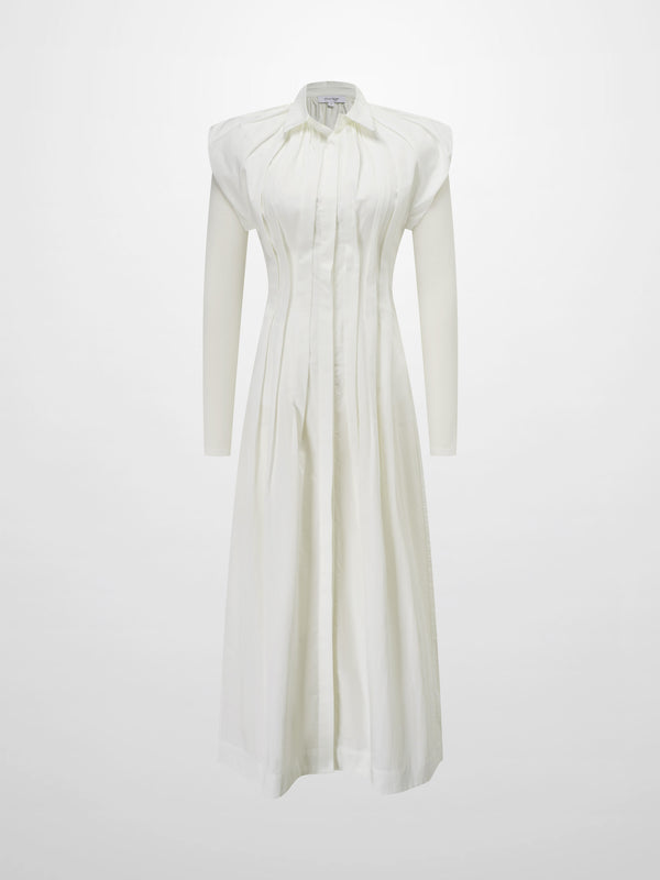 Pleat Front Button Down Dress-White