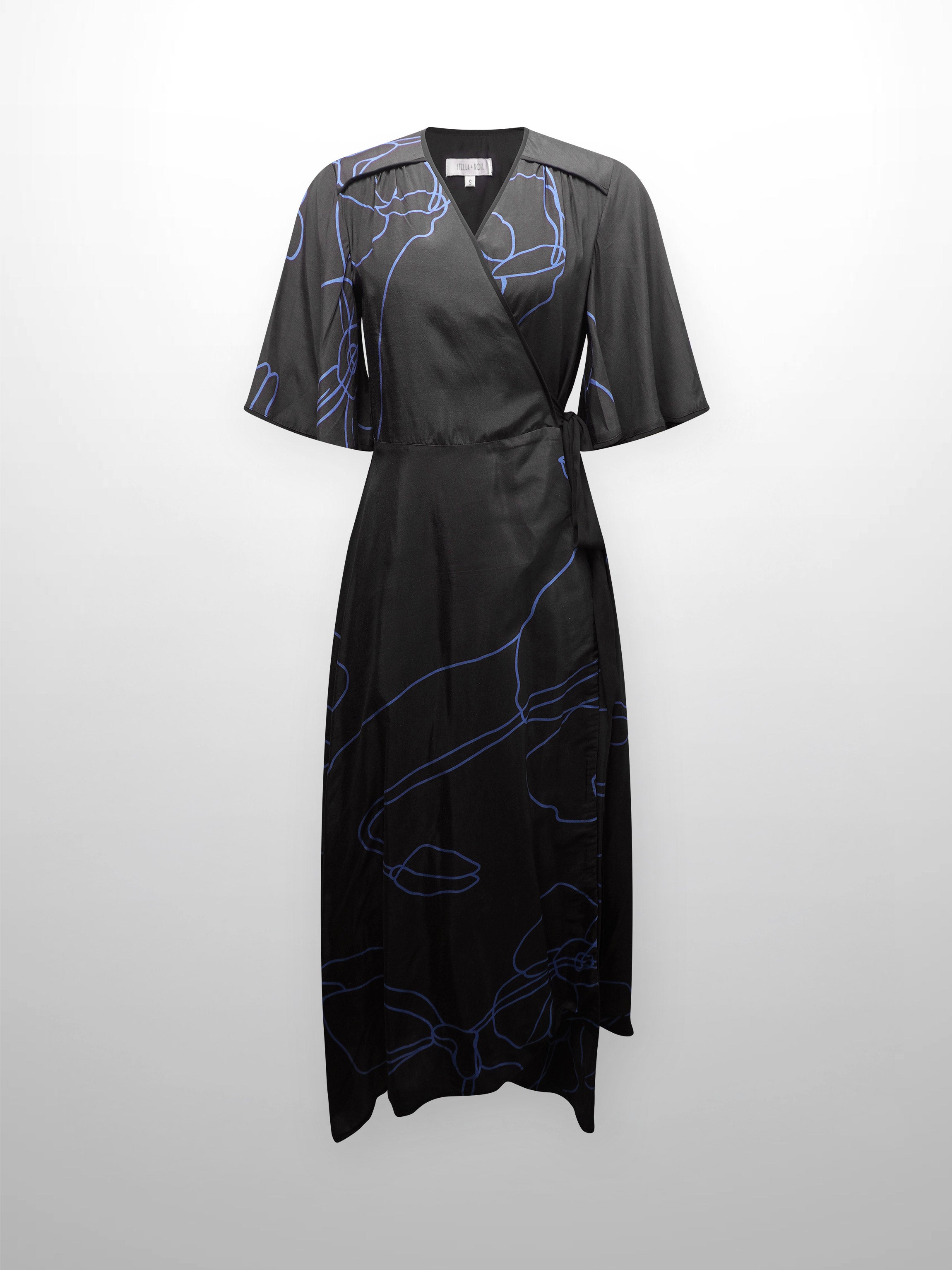 Flutter Sleeve Wrap Dress-Black Swirl